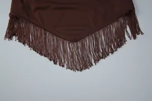 Summer women's fashion brown fringe hem halter top detail view, sleek and trendy design.