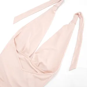 Solid color halter neck sleeveless pleated strap backless dress detail view for women summer.