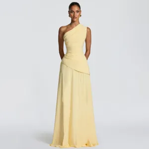 Women Sexy One Shoulder Pleated Chiffon Maxi Dress Backless Solid Color High Waist A-line Long Dress For Summer Party Evening