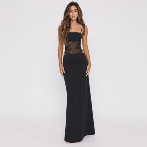 Sexy black lace spliced cut-out long slip dress full body model display spring style