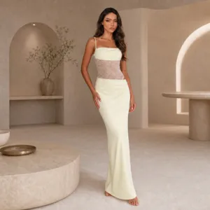 Women's Sexy Lace Patchwork Sheer Cutout Slip Dress Elegant Long Maxi Dress Summer.