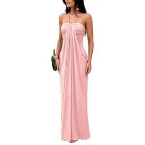 Modieuze effen kleur halter nek rugloze maxi jurk voor vrouwen, elegante zomerstrand kleding.