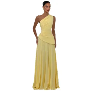 Elegant one shoulder pleated chiffon maxi dress for women summer yellow evening party