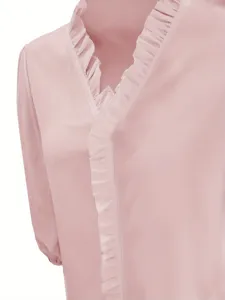 Elegante blusa rosa con volantes y cuello en V de manga larga para mujer, camisa suelta casual.