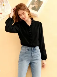 Elegante Damen schwarze Rüschen V-Ausschnitt Langarm Bluse schicke lässige Hemd.