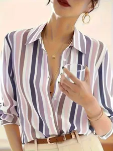 Discover this chic contrast striped women's shirt, featuring a vintage lapel and loose fit for daily wear.