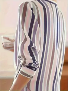 Women's long sleeve striped shirt detail view, vintage lapel loose casual button down blouse.