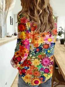 Vista posteriore camicetta donna taglie forti stampa floreale casual manica lunga.