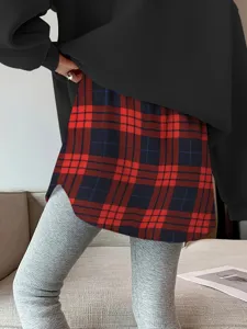 Plaid false hem layering skirt for women, adjustable waist fake two-piece sweatshirt extender.