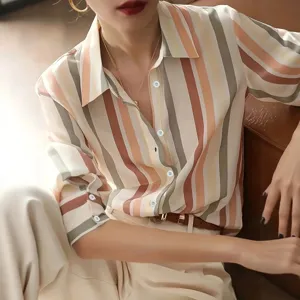 Women vintage striped button up shirt long sleeve lapel casual blouse spring summer fashion
