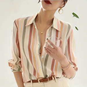 Women's chic striped long sleeve button-down blouse, casual vintage loose fit top, stylish spring.