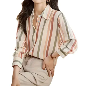 Women vintage color block striped lapel long sleeve loose casual shirt main product view