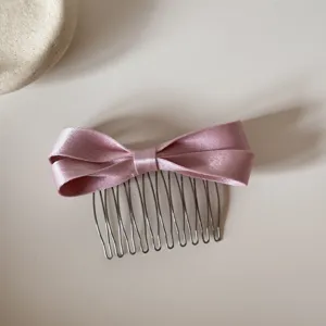 Peineta para el pelo con lazo de satén rosa dientes metálicos accesorio elegante