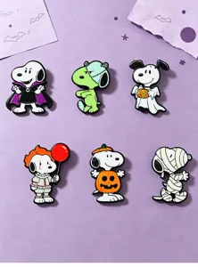 Detailed view of cute Halloween Snoopy enamel pins set featuring spooky cartoon brooch designs.
