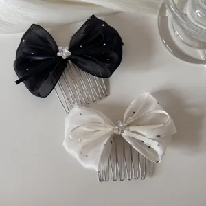 Korean style net yarn bow hair comb with sparkling rhinestones and crystal star detail.