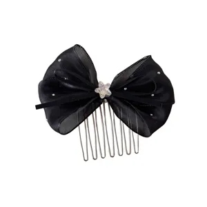 Korean style black mesh bow hair comb with star rhinestone, sweet princess updo hair accessory.
