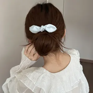 Detail view of the light blue bow hair clip accessory, elegantly worn on braided bun hairstyle.