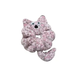 Pink leopard print plush cat scrunchie with wiggle eyes and tail, cute soft hair tie for girls.