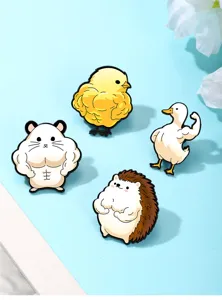 Funny fitness animal metal enamel pins detail, muscular hamster chick duck hedgehog lapel badge