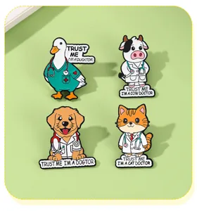 Cute cartoon animal doctor metal enamel pins set, funny duck cow dog cat badges for backpacks.