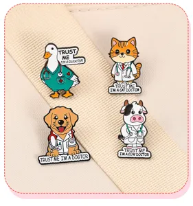 Cute animal doctor metal enamel pins set featuring funny cartoon cat, dog, duck, and cow designs.