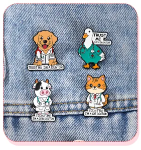 Cute cartoon animal doctor enamel pins set, funny metal badge accessories for backpacks.