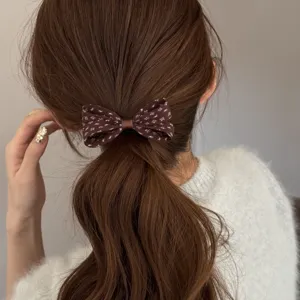 Close-up van een bruine haarlok met stippen op een paardenstaart, zoete stijl en zachte stof.