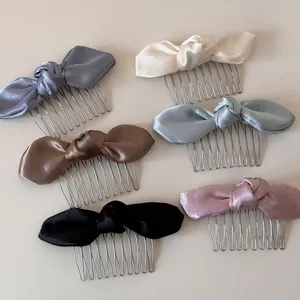 Sweet Satin Bowknot Hair Comb Stainless Steel Metal Prong Side Comb Knotted Ribbon Hairpins Headwear For Women Hair Accessories