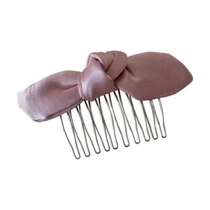 Pink satin bow hair comb for women sweet hair accessories side comb styling clip