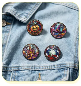 Set of 4 Halloween stained glass alloy brooches featuring cute pumpkin and ghost designs.