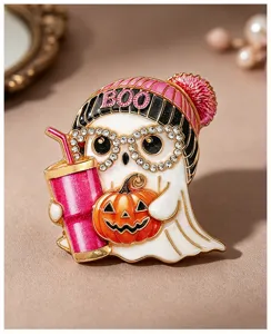 Halloween Geist Strass Brosche Pin, niedliches Gespenst Design mit Kürbis und Tassen Detail.