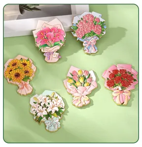 Enamel flower bouquet fridge magnets set, cute metal magnetic sticker for home decor.