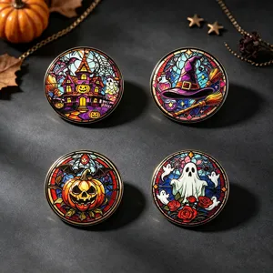 Halloween Stained Glass Style Round Brooch Alloy Pin Pumpkin Witch Hat Haunted House Ghost Rose Gothic Party Pins Jewelry