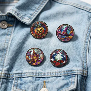 Halloween stained glass style metal lapel pins set, cute ghost pumpkin brooch for festival.