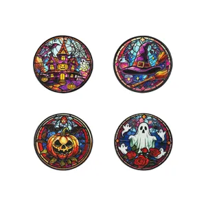 Halloween stained glass style round alloy brooch pins set, four spooky festival designs.