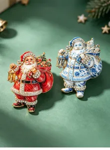 Christmas Santa Claus rhinestone enamel brooch pin set, vintage decorative suit lapel jewelry.