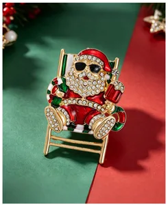 Exquisite rhinestone sunglasses Santa Claus brooch, detailed enamel Christmas party accessory pin.