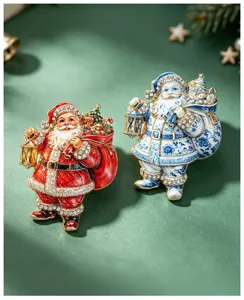 Closeup of enamel rhinestone Santa brooch details, retro Christmas suit pin decoration.