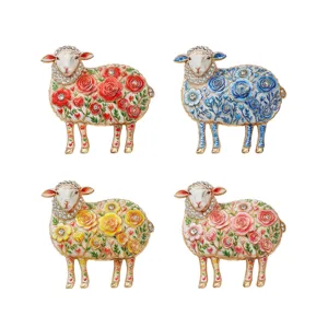 Cute enamel sheep brooch pin with sparkling rhinestones and rose flowers design for women apparel.