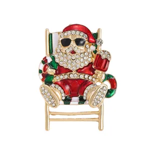 Christmas Santa Claus brooch with sunglasses and rhinestones for festive party attire.