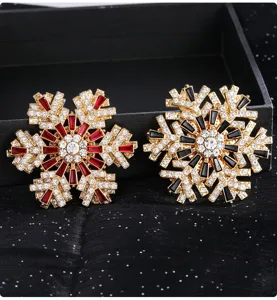 Broche de copo de nieve de cristal y imán de nevera, diseño retro dorado de lujo.