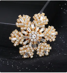 Broche de copo de nieve de cristal dorado imán de nevera accesorio con pedrería fina