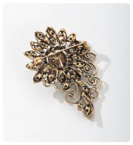 Detailed view showing the back pin structure of vintage hollow metal flower brooch.