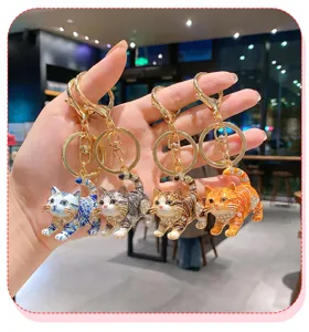 Cute cat keychains set with rhinestones, metal alloy cute animal bag charm for women and kids.