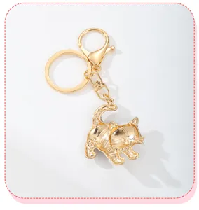 Gold tone cute cat keychain metal key ring pendant backpack bag charm detail view