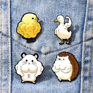 Funny muscle animal metal enamel pins set featuring chick duck hamster hedgehog badges for clothes.