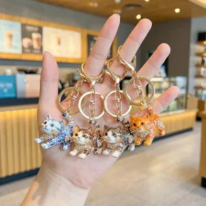 Cute Cartoon Zinc Alloy Rhinestone Cat Keychain Creative Enamel Painted Animal Bag Pendant Decorative Key Ring For Unisex Backpack Accessory