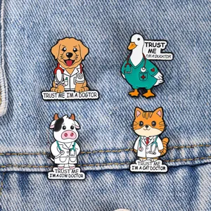Whimsical Cartoon Animal Doctor Enamel Pin Alloy Brooch Funny Cat Dog Cow Duck Badge For Backpack Clothing Decoration Unisex Jewelry