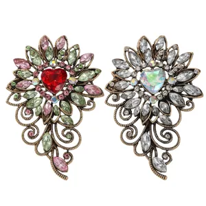 Vintage Rhinestone Heart Flower Brooch Elegant Metal Lapel Pin for Women Coat Dress