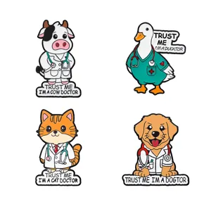 Cute animal doctor metal enamel pins set, funny cartoon cat dog duck cow brooches for backpacks.